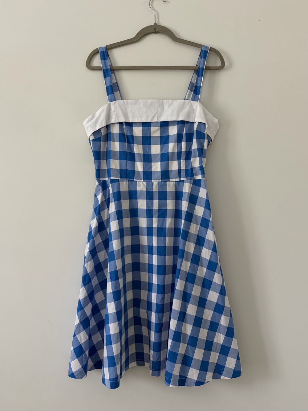 Bea Dot by ModCloth Blue White Square Neckline Sleeveless Gingham Retro Dress L